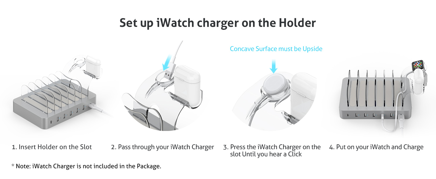 Зарядна станція SooPii USB 60W/12A з 6 портами, органайзер для декількох пристроїв з тримачем для Apple Watch, 6 кабелів в комплекті (срібло)