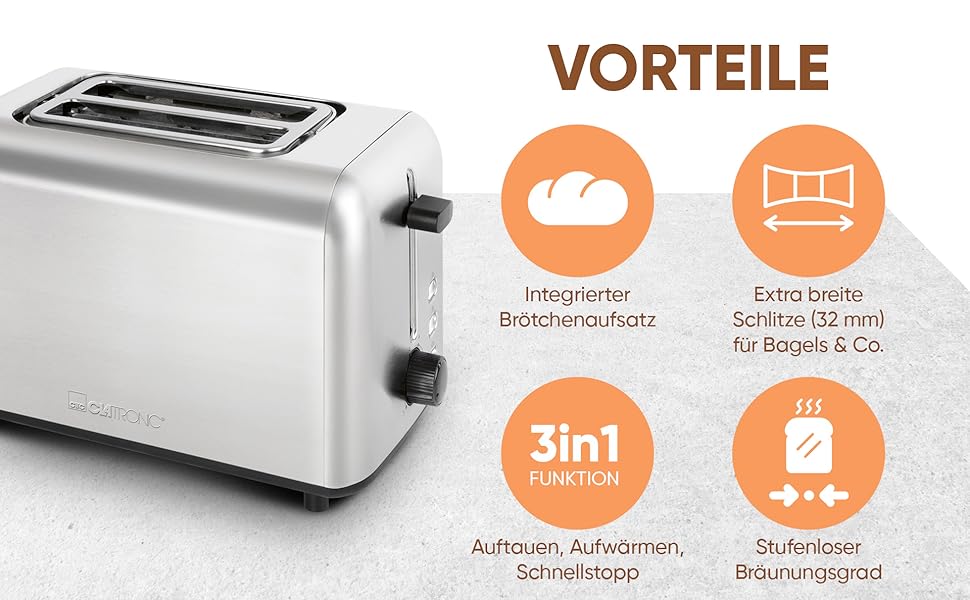 Тостер Clatronic TA 3822 з 2-ма тостами, підставка для хліба, нержавіюча сталь
