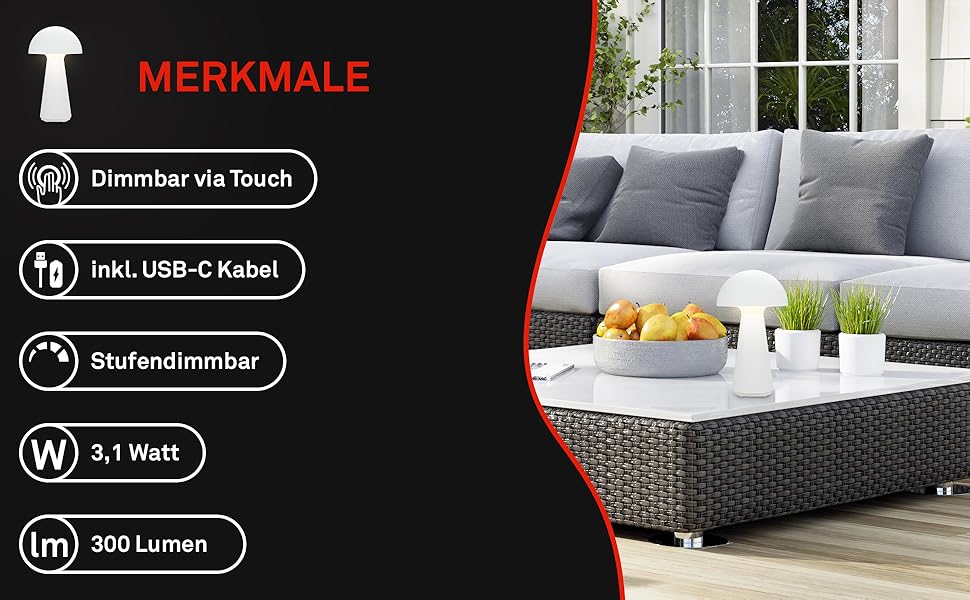 LED настільна лампа BRILONER бездротова з сенсорним керуванням, диммуванням, теплим світлом, 28x16 см