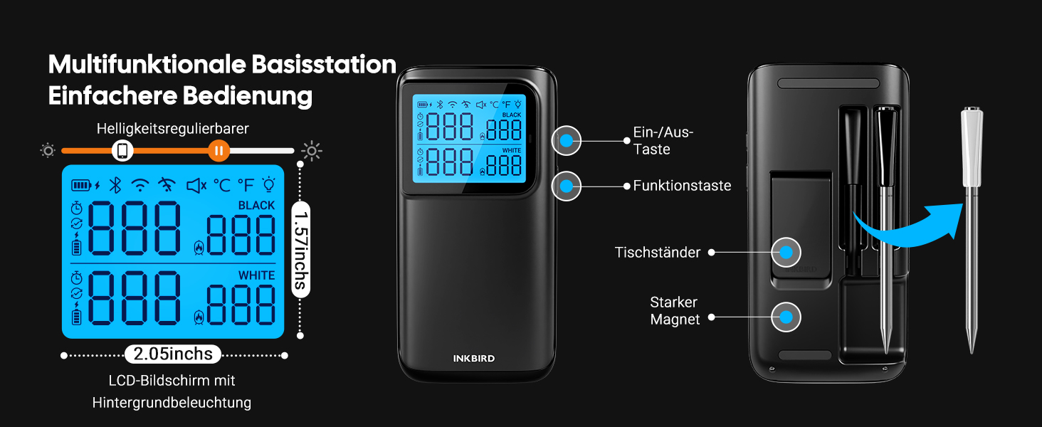 Термометр для м'яса INKBIRD INT-12E-BW: бездротовий, Wi-Fi, Bluetooth, 2 зонди, 5 сенсорів для гриля, BBQ, духовки та приготування їжі