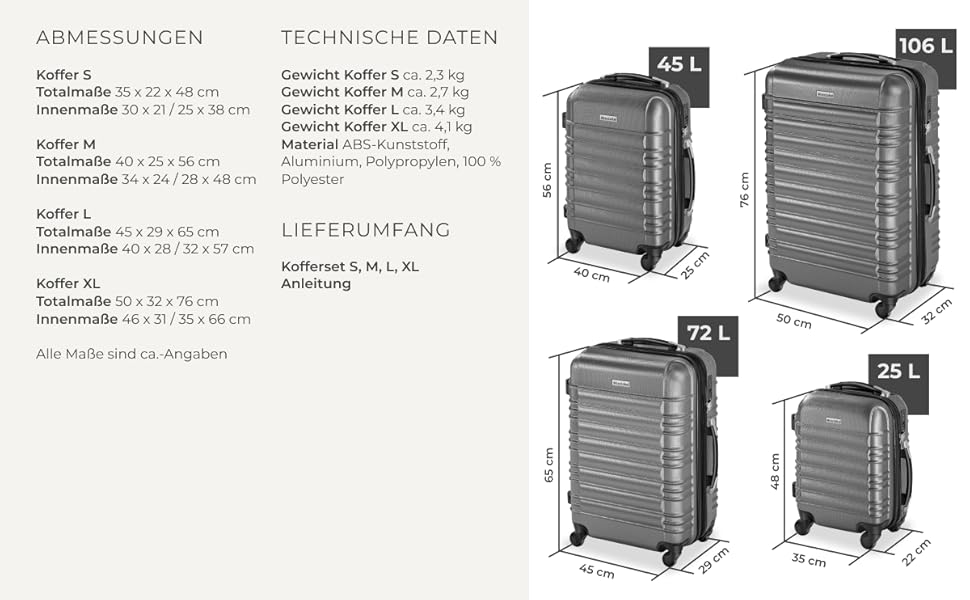 Набір валіз Tectake® 4 шт. з TSA замком, жорсткий корпус, набір валіз-тележок, ABS, 4 колеса, 360° обертання, телескопічна ручка - зелений (срібло)
