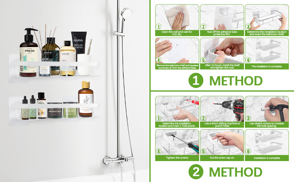 Дзеркальна поличка для душу без свердління, 2 шт. Біла, з нержавіючої сталі, з 4 гачками та 8 клейких поверхонь. Підходить для ванної кімнати та кухні.