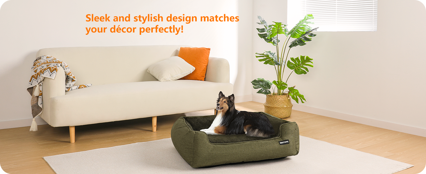 HMTOPE Dog Bed, Dog Sofa, Dog Cushion, Dog Basket, Detachable and Washable, 110 x 86 x 26 cm (L 90 x W 75 x H 25 cm, Olive Green)
