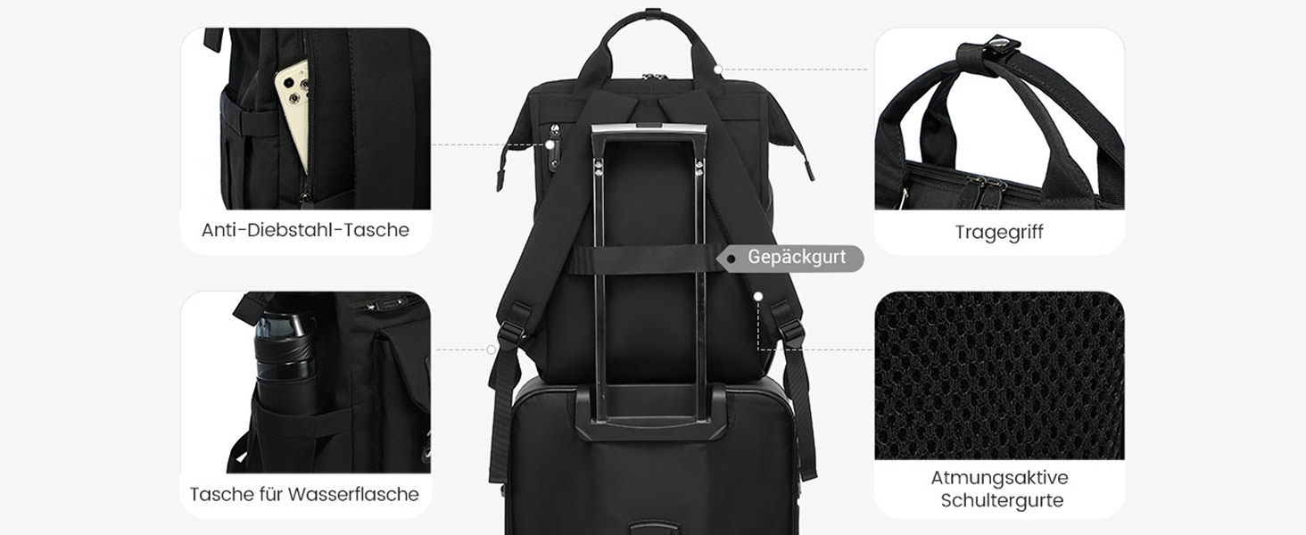 LOVEVOOK Рюкзак для жінок, 18 дюймів, водонепроникний, рюкзак для подорожей, ручна поклажа, чорний з кишенею для кабелю, відділенням для ноутбука, рюкзак на день для школи, університету, бізнесу та подорожей, 18 дюймів, чорний