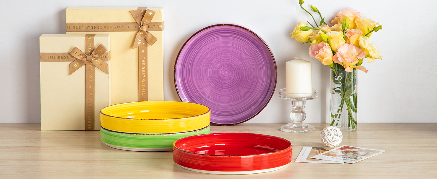 Vancasso Soup Bowls Stoneware, Bonita Soup Plate Set of 4, Pasta Plate, Spaghetti Deep Bowls, Noodle Bowls, Large Salad Bowls, Salad Bowl Dishwasher and Microwave Safe, Colorful
