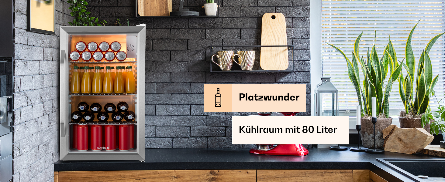 Klarstein Mini Fridge with Glass Door - 80L Compact Beverage Cooler with Adjustable Shelves & Wave Design Racks