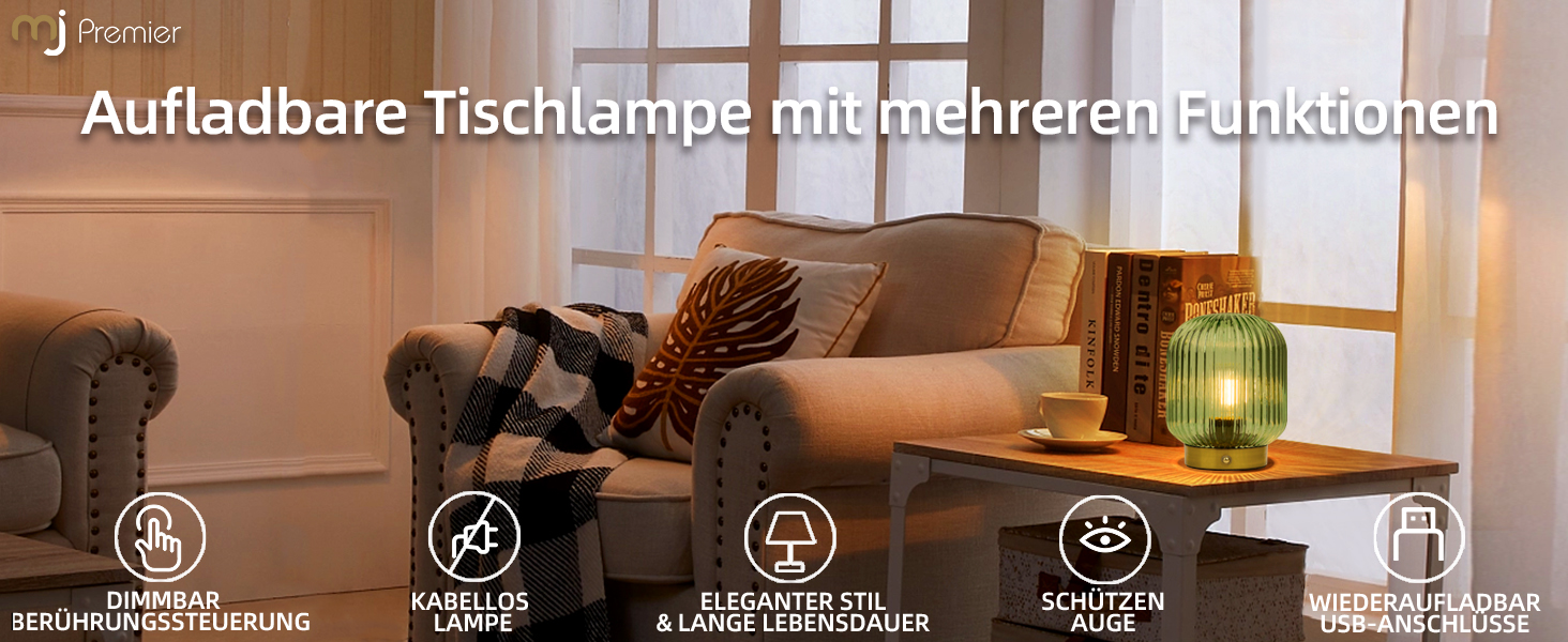 LED настільна лампа MJ PREMIER: акумуляторна, з сенсорним керуванням, регулювання яскравості, скло, USB зарядка, аварійна, зелена