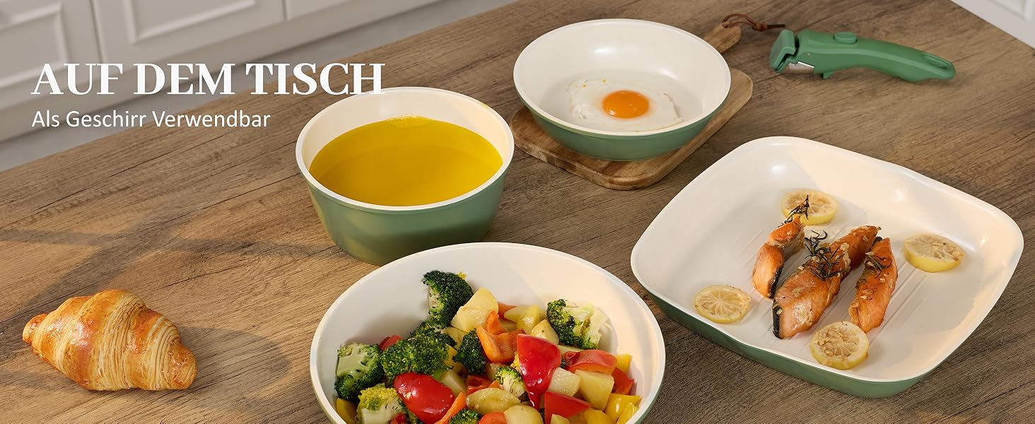 Набір посуду керамічний 23 предмети з антипригарним покриттям та знімними ручками, чорний. Підходить для всіх типів плит, включаючи індукційні. Сковороди 20/26 см, каструля 18 см, сотейник 24 см. Можна використовувати в духовці.