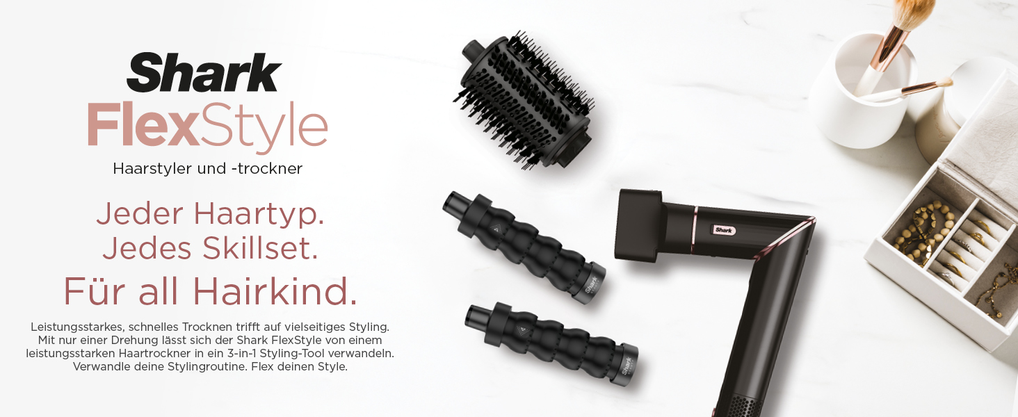 Фен Shark FlexStyle Multi: 3-в-1 для догляду за волоссям, Auto-Wrap, без пошкодження, для всіх типів волосся (чорний/рожеве золото)