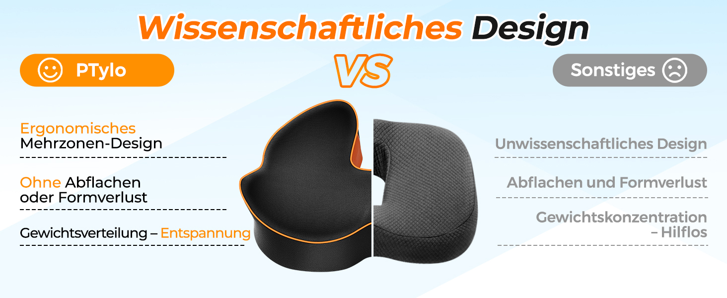 Подушка для сидіння PTYLO - ергономічна подушка для офісних крісел, автокрісел, інвалідних візків, геймінгових крісел, комфортна підтримка при тривалому сидінні, для вагітних, дихаюча, з антиковзаючим покриттям (Чорний)