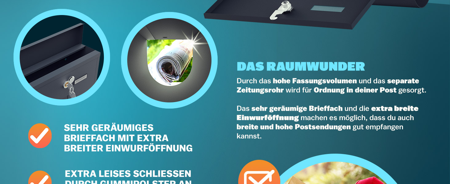 Поштовий ящик Monzana Kreuzschloss з мідним циліндром, сталевий, чорно-срібний (антрацит) 31x10x34 см, з вікном для газет та іменним шильдиком, 2 ключі