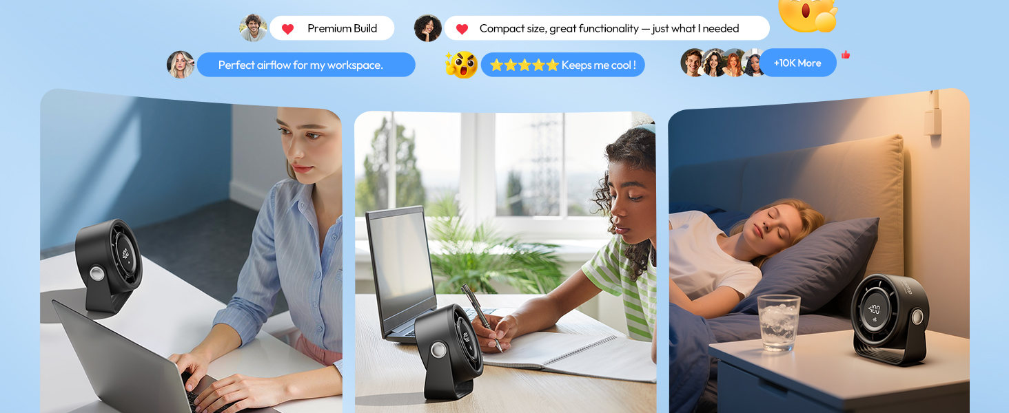 Портативний акумуляторний вентилятор Gaiatop з USB, 5 швидкостей, тиха робота, сенсорне управління, 360° обертання, для дому та офісу, чорний