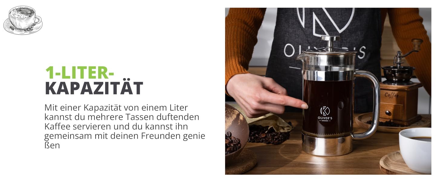 Френч-прес Oliver's Kitchen® 1 літр - скляний заварник для кави, срібний | Елегантний дизайн, для автентичного смаку