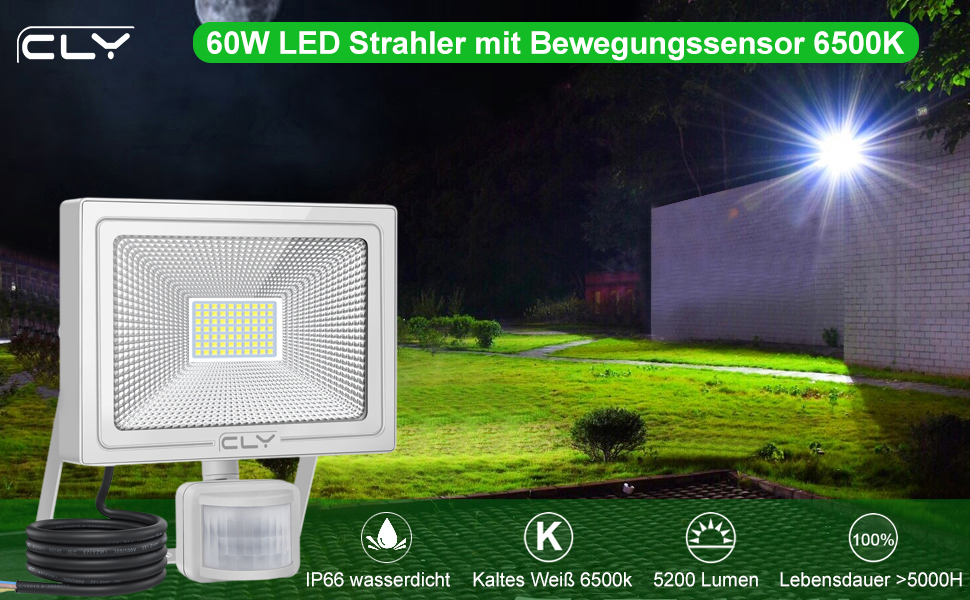 CLY LED прожектор 60Вт з датчиком руху, 5200Лм, 6500K, IP66, регульована яскравість, для вулиці, саду, гаража, двору