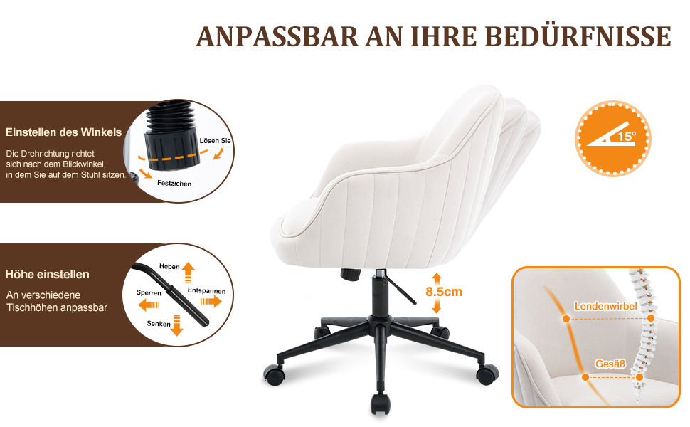 Офісний стілець для дому та офісу до 136 кг, обертовий, оксамит, з підлокітниками та колесами, ергономічний, білий