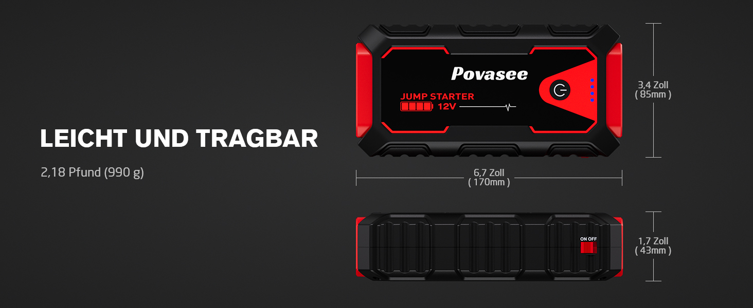 Портативний пусковий пристрій Povasee Starthilfe Powerbank: 5000A для 12V авто (до 10л бензину/8л дизеля), з LED, 2 USB, кабель для підключення