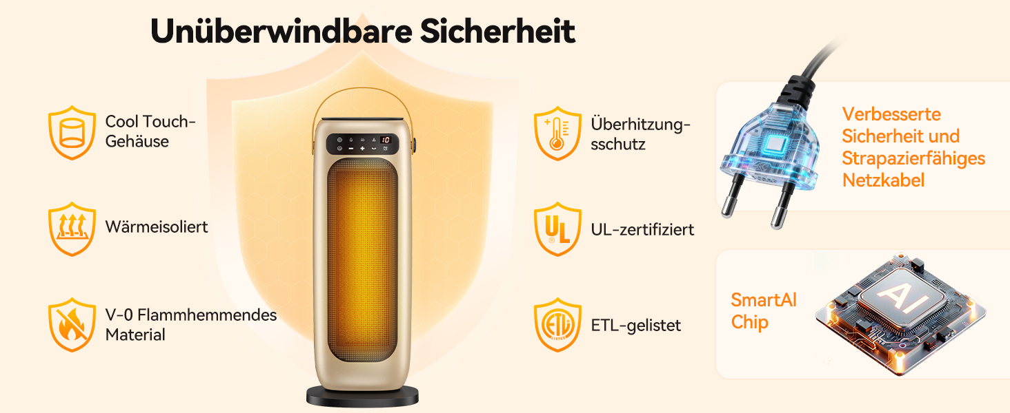 Електричний обігрівач PTC керамічний 1500W з пультом керування, 4 режими, осциляція 110°, таймер 1-10 год, захист від перегріву та перекидання. Компактний обігрівач для дому, золото.