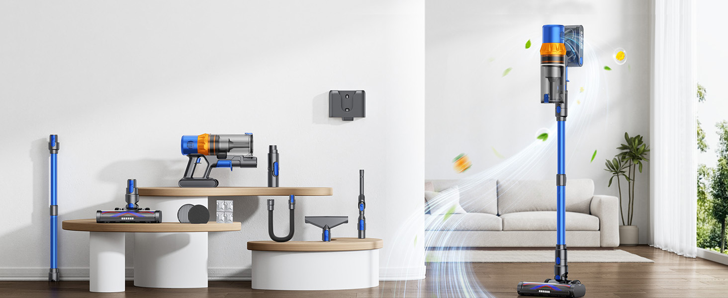 Акумуляторний бездротовий пилосос SunSare 600W, 50000Pa, 65 хв роботи, з гнучким шлангом 1м, аромафункцією та автоматичним режимом для килимів, твердих підлог та шерсті тварин