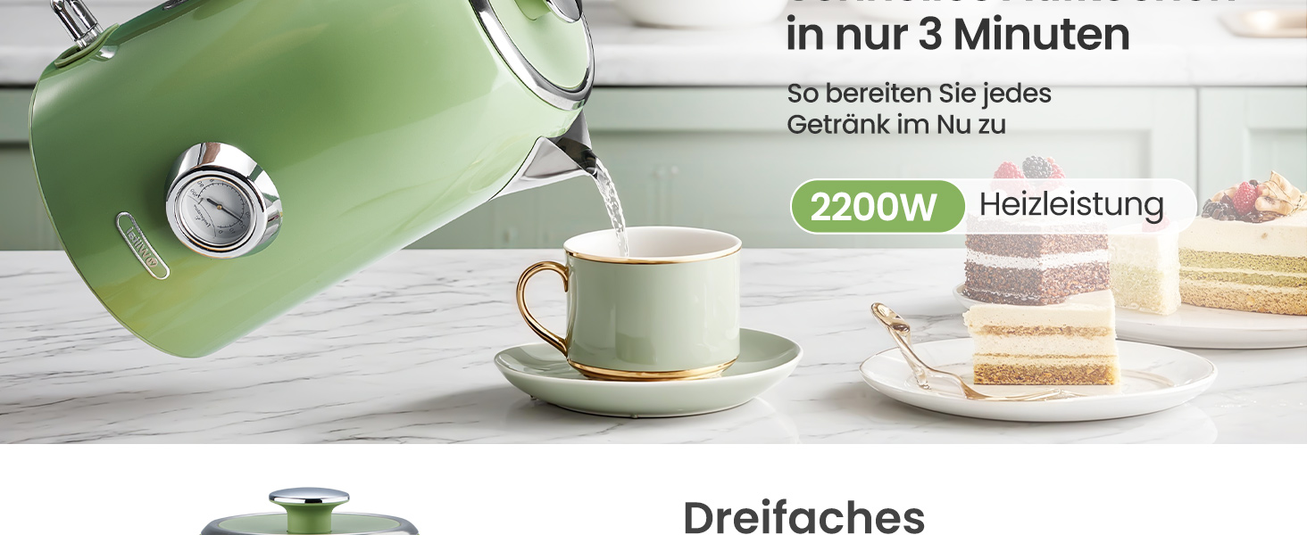 Набір чайник та тостер Retro Green, 1.7L, 2200W, нержавіюча сталь, з регулюванням температури