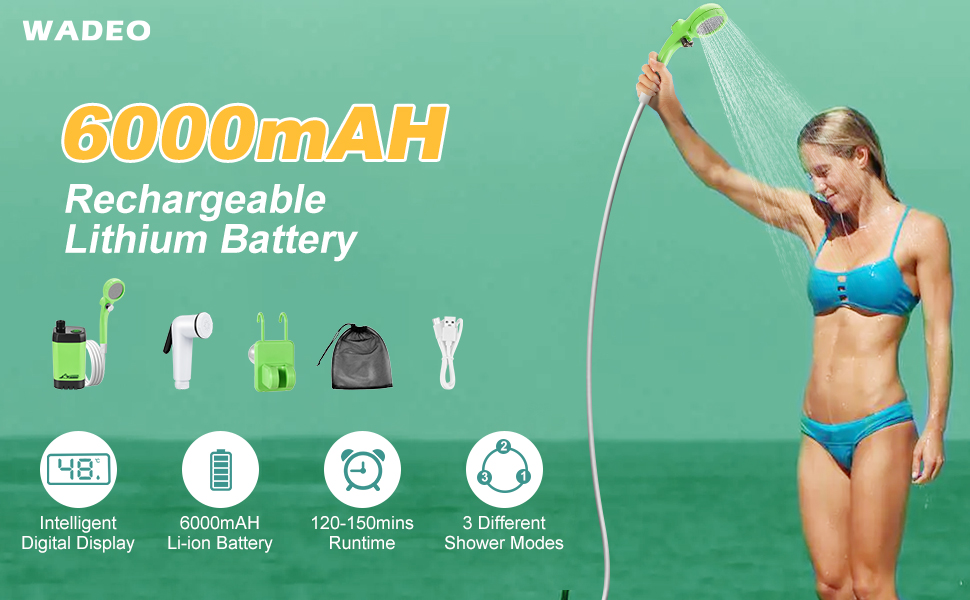 Портативний душ для кемпінгу WADEO з акумулятором та помпою, Type-C, 6000mAh, зелений - для подорожей, саду, автомийки