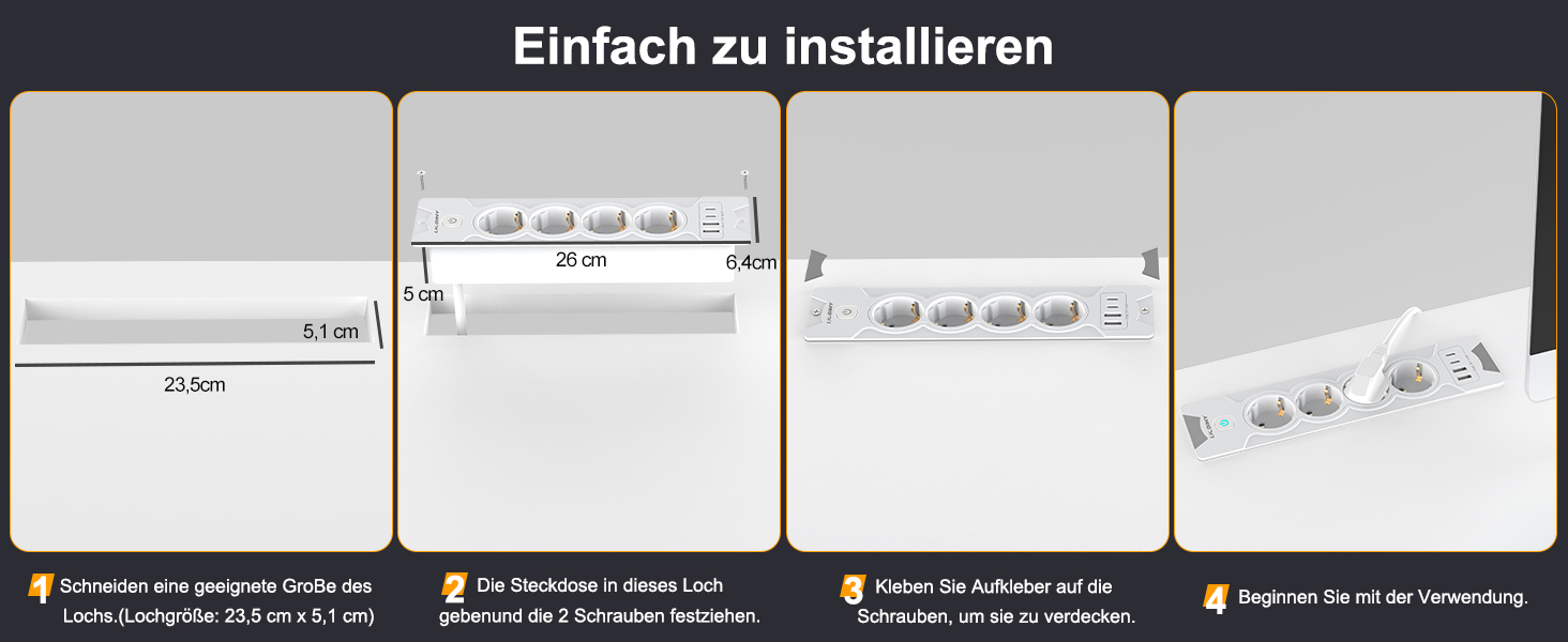 Вбудована розетка з 2 USB-C та 4 розетками, 3680W, 16A, білий кабель 2м. Розподільник розеток для конференц-столу, дивану