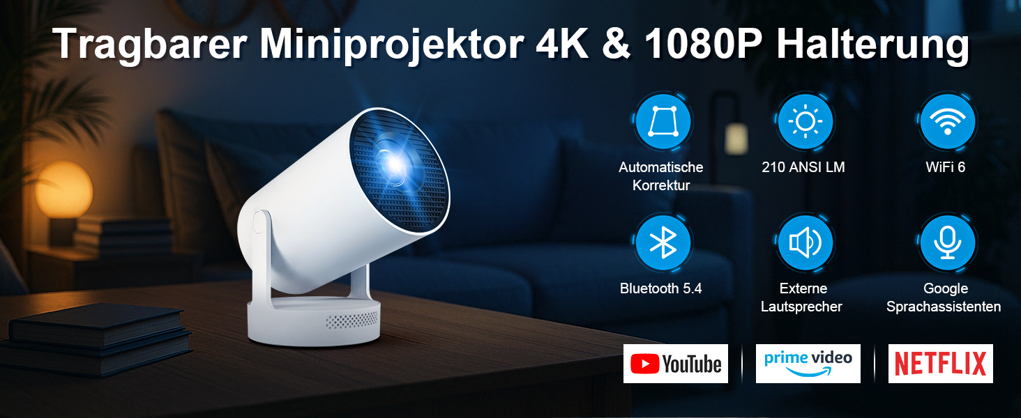 Портативний проєктор 4K з Wi-Fi 6/BT5.0, 170 ANSI люмен, Android 11 (HY300Plus)