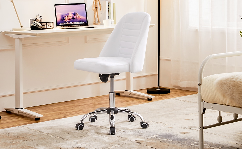 Офісне крісло Yaheetech без підлокітників, обертове, на колесах, регульоване по висоті, для роботи та макіяжу (білий, штучна шкіра)