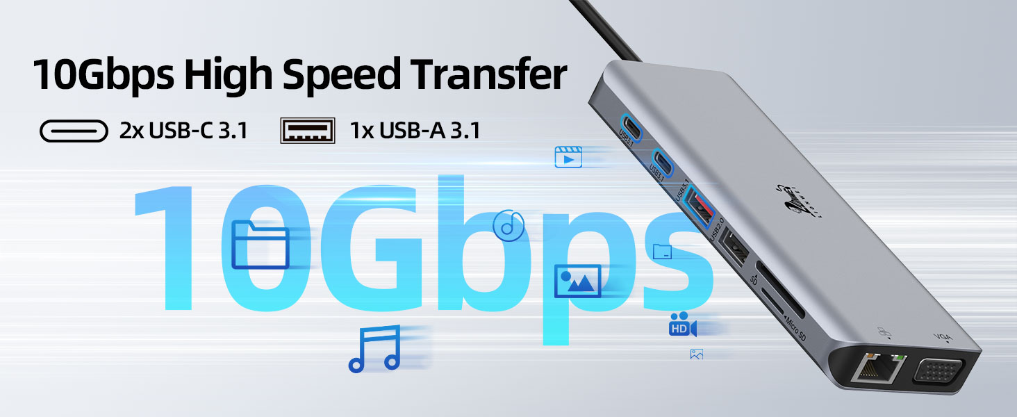 Док-станція USB-C для ноутбука з підтримкою 2 моніторів (Dual Monitor), 8 в 1: HDMI, DisplayPort, Ethernet, PD 100W, USB 3.0, сумісна з Dell, HP