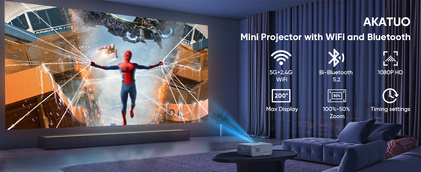 Портативний міні-проектор Smart Beamer Android 11 з WiFi 6, Bluetooth 5.2, підтримкою 4K/1080P та автоматичною корекцією трапеції. Підходить для підключення до телефону та ноутбука.