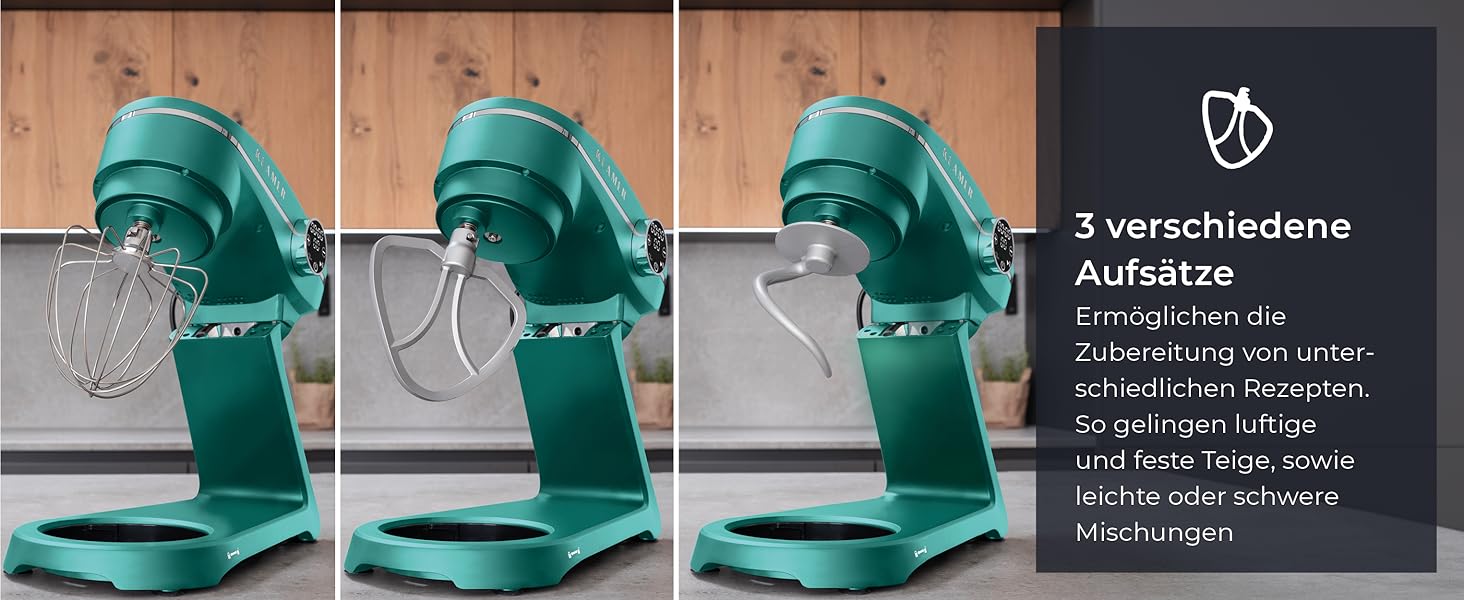 KLAMER 1800W Stand Mixer - Stainless Steel Bowl 6L, 10 Speed with Timer, Planet Mixing Action, Dough Hook, Whisk & Beater - Turquoise
