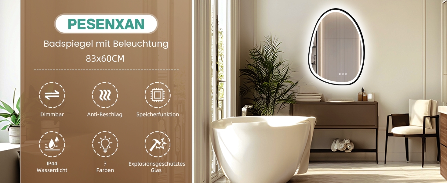 Дзеркало з підсвічуванням LED, асиметричне, 75x55 см, з сенсорним вимикачем, проти запотівання, 3 кольори світла, регулювання яскравості, функція пам'яті, чорний (горизонтальне/вертикальне)