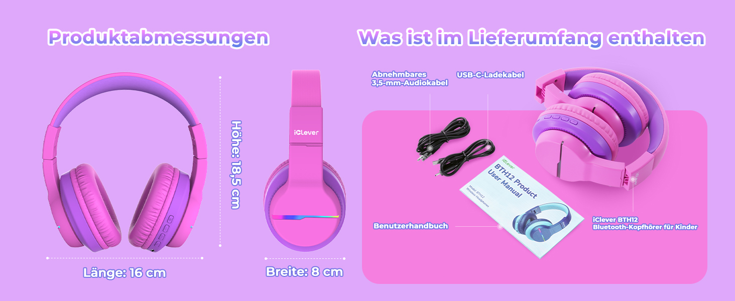 iClever Бездротові навушники для дітей з LED-підсвіткою, Over-Ear, Bluetooth 5.2, мікрофон, BTH12 Рожевий/Фіолетовий