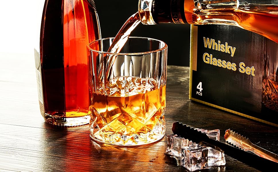 Набір склянок для віскі GLASKEY 4 шт., 320 мл, без свинцю, кришталь, для коктейлів, рому, горілки, скотчу, джину, коньяку, води, віскі, важке дно, подарунковий набір для чоловіків, батька, брата