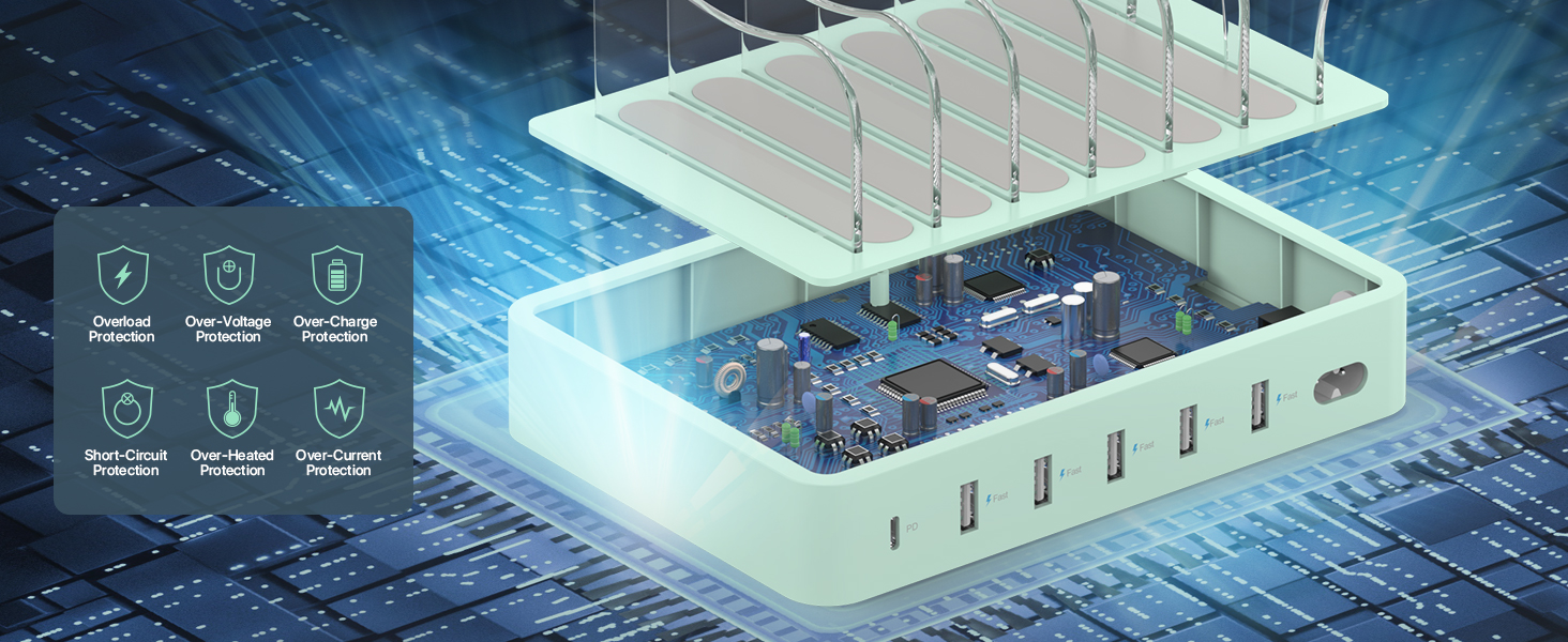 Зарядна станція SooPii USB 60W/12A, 6 портів, органайзер для декількох пристроїв з тримачем для Apple Watch, 6 кабелів для телефонів, планшетів та інших електронних пристроїв. Зелена