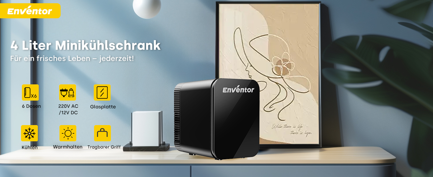 Mini холодильник Enventor 10L: для кімнати, авто, офісу. Охолодження та нагрів, 12V/220V, тихий, чорний