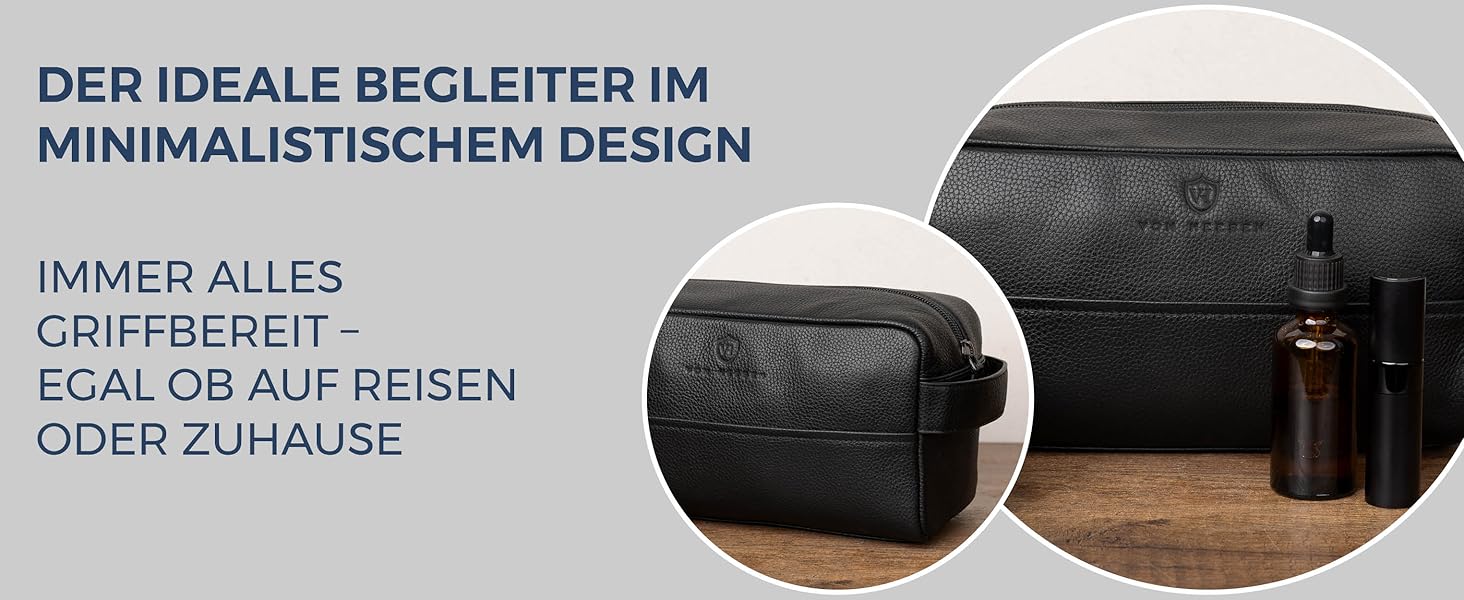 Чоловіча/Жіноча косметичка VON HEESEN з натуральної шкіри - велика дорожня косметичка, валізка для туалетних аксесуарів чорного кольору