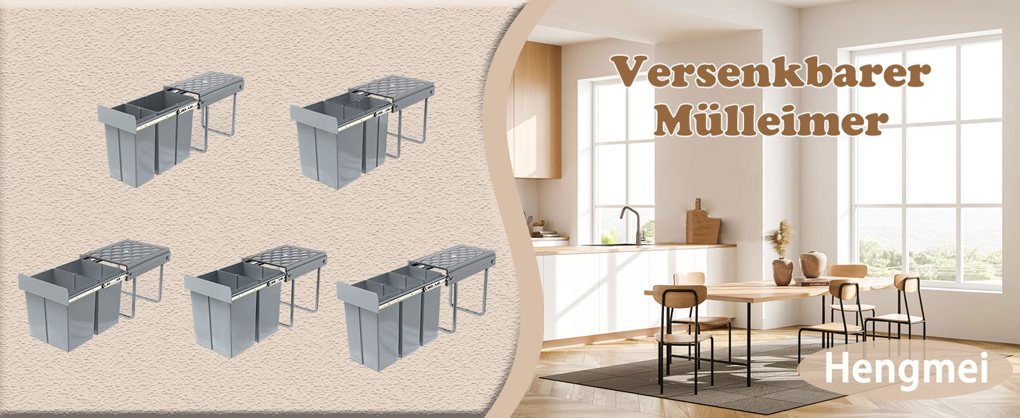 Вбудований контейнер для сміття HENGMEI з висувними ящиками для сортування, сірий (1x20L + 2x10L)