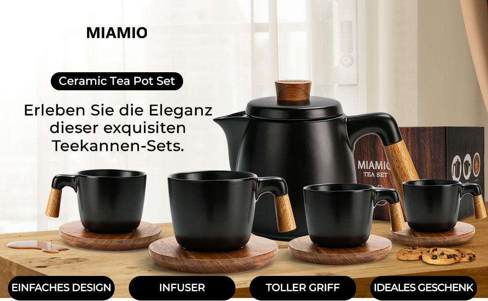 Набір для чаю Miamio: чайник 1 л з ситечком та 4 чашки (300 мл), підставка з бамбука. Кераміка, білий/чорний