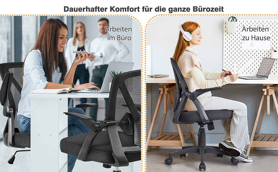 Офісне крісло Yaheetech з підйомними підлокітниками, сітчасте, ергономічне, з підтримкою попереку, функцією гойдання та регулюванням висоти (Чорний)