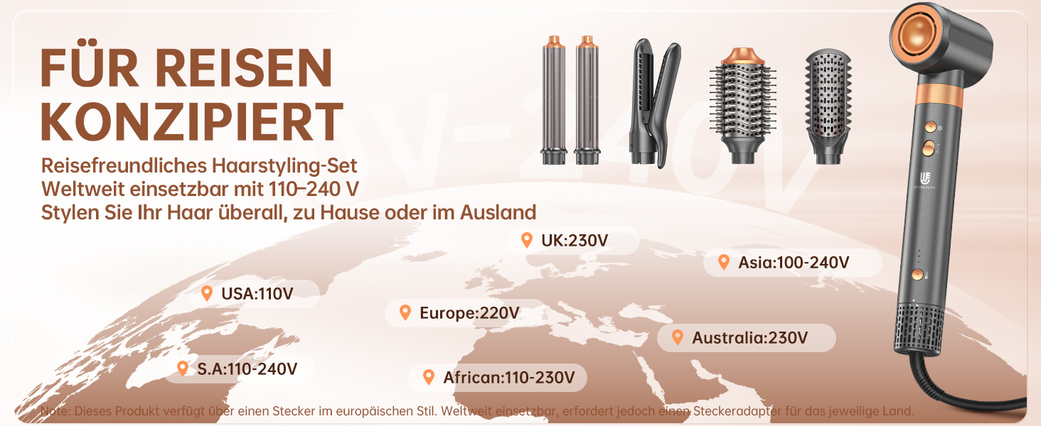 Webeauty Airstyler 7-в-1: фен-щітка, плойка, випрямляч, 110000 об/хв, 25 м/с, 500 млн негативних іонів, сірий золотий