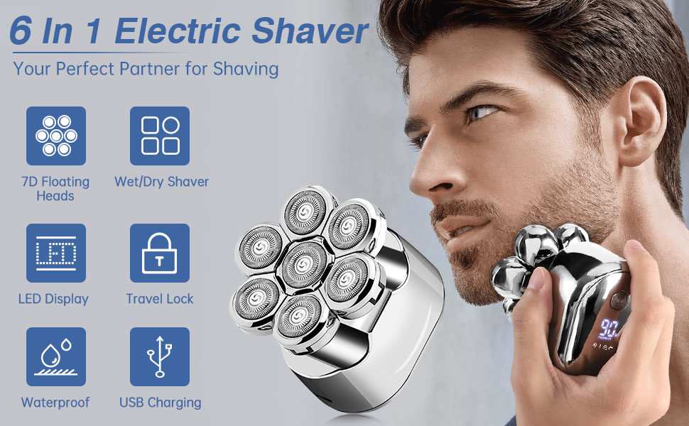 Електричний голкострум для голивної голови Glatzen Rasierer: 7D плаваюча головка, ротаційний голкострум 6-в-1, вологостійкий, для догляду за обличчям (сріблястий)