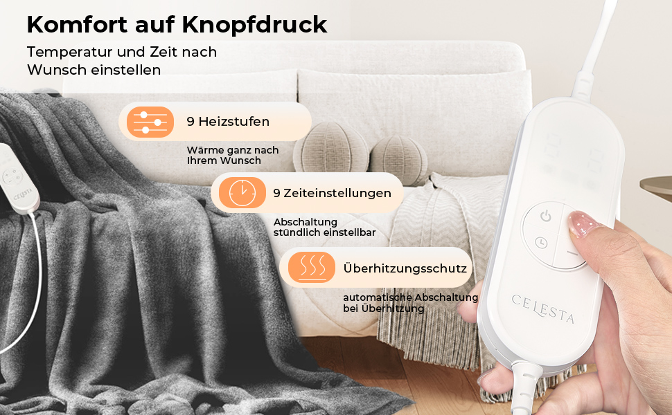 Електрична ковдра Celeste з автовимкненням 180x130 см, 9 рівнів нагріву, таймер, для софи, ліжка та офісу, темно-сіра