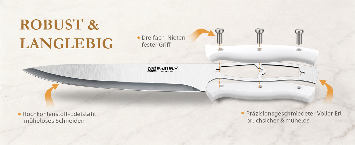 Набір кухонних ножів Katisun (15 предметів) з білим підставкою-блоком та функцією самозаточування, сталеві ножі з ергономічними ручками