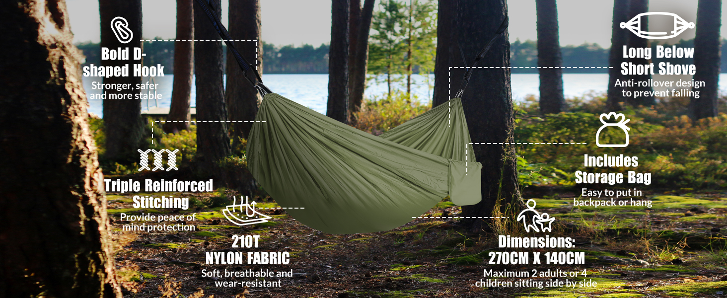 Легка гамак для відпочинку на природі | Гамак для кемпінгу та подорожей, 300 кг, дихаючий, швидковисихаючий, нейлон, 270x140 см