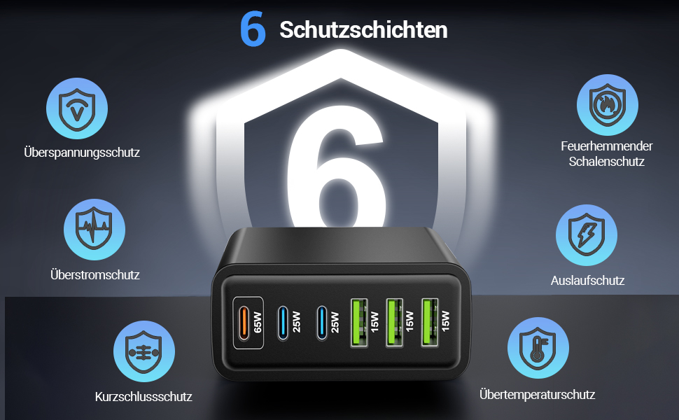 Зарядний пристрій USB 160W, 6 портів (USB-C, USB-A) – мережевий адаптер для ноутбука, смартфонів, iPad, навушників, чорний