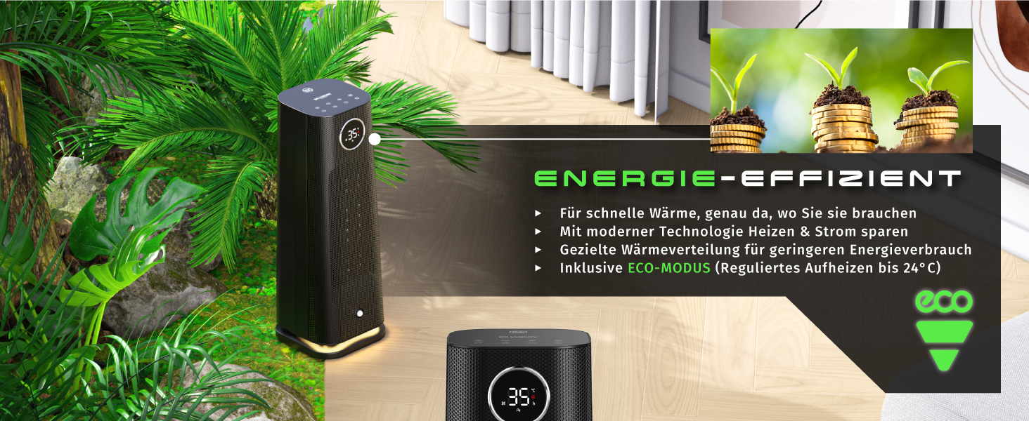 Електричний обігрівач Brandson з пульт дистанційного керування, 2000 Вт, ECO режим, осциляція, захист від дітей, таймер, LED-підсвічування, для ванної, вітальні, офісу, дитячої кімнати