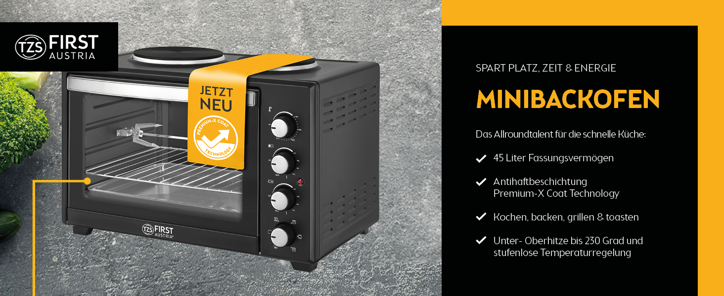 Міні-піч TZS First Austria 45L з плитами 3200W - піч для піци з антипригарним покриттям та 4 рівнями для запікання