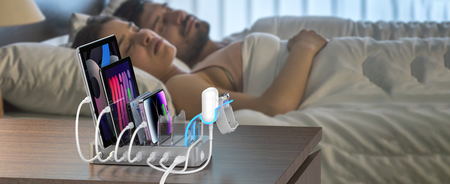 Зарядна станція SooPii USB 60W/12A з 6 портами, органайзер для декількох пристроїв з тримачем для Apple Watch, 6 кабелів в комплекті (срібло)