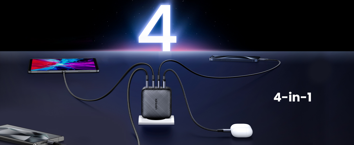 Зарядний пристрій UGREEN 65W USB-C GaN PD з 4 портами для MacBook, iPhone, iPad, Samsung