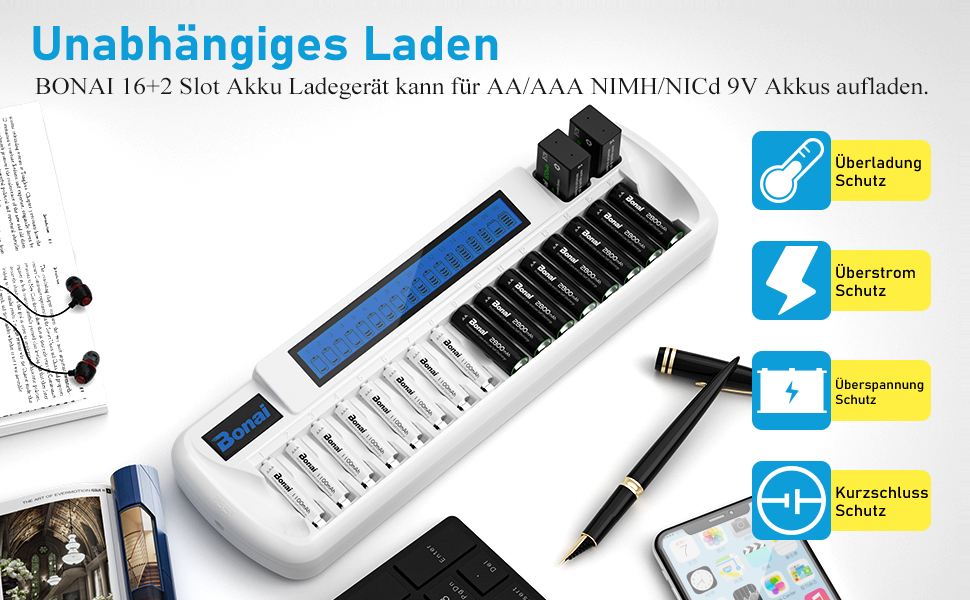 Зарядний пристрій BONAI для акумуляторів 18 слотів, універсальний, швидкий, LCD, для AA, AAA, 9V, NI-MH/NI-CD